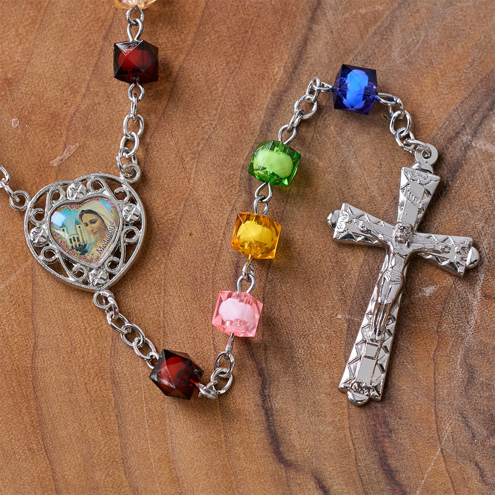 Our Lady of Peace & Crucifix of 8 mm Polyhedron Multicolor Acrylic Alloy Chain Rosary