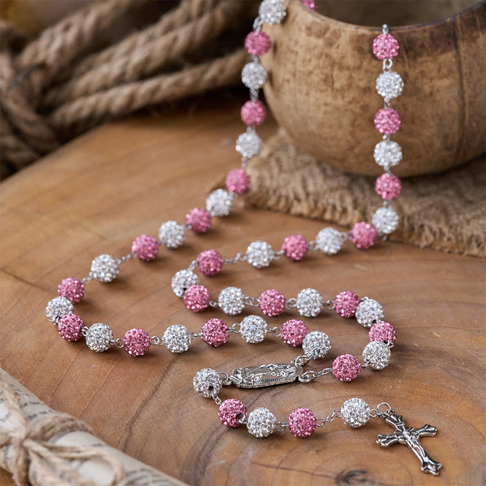 Our Lady of Guadalupe & Crucifix of 10 mm Round Pink White Polymer Clay Alloy Chain Rosary