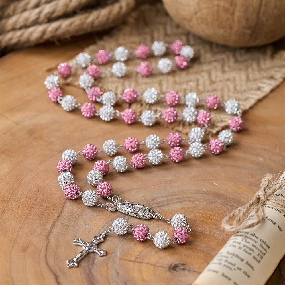 Our Lady of Guadalupe & Crucifix of 10 mm Round Pink White Polymer Clay Alloy Chain Rosary