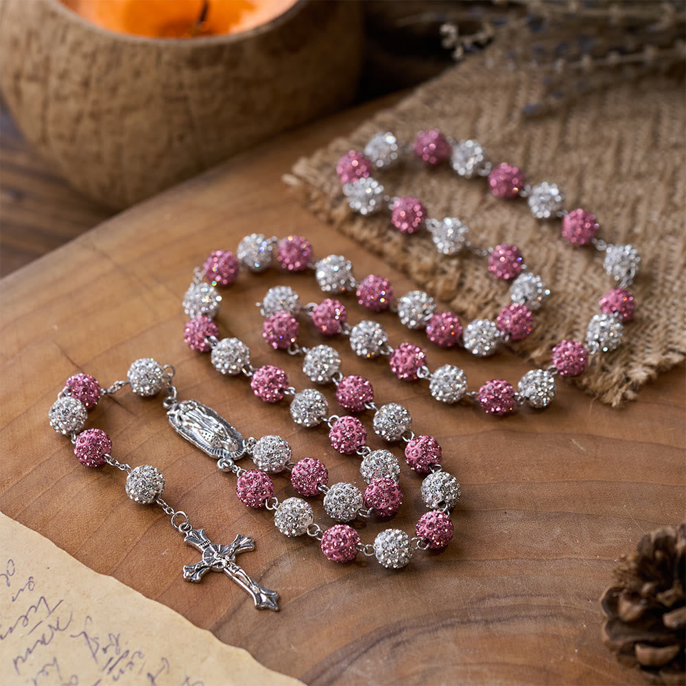 Our Lady of Guadalupe & Crucifix of 10 mm Round Pink White Polymer Clay Alloy Chain Rosary