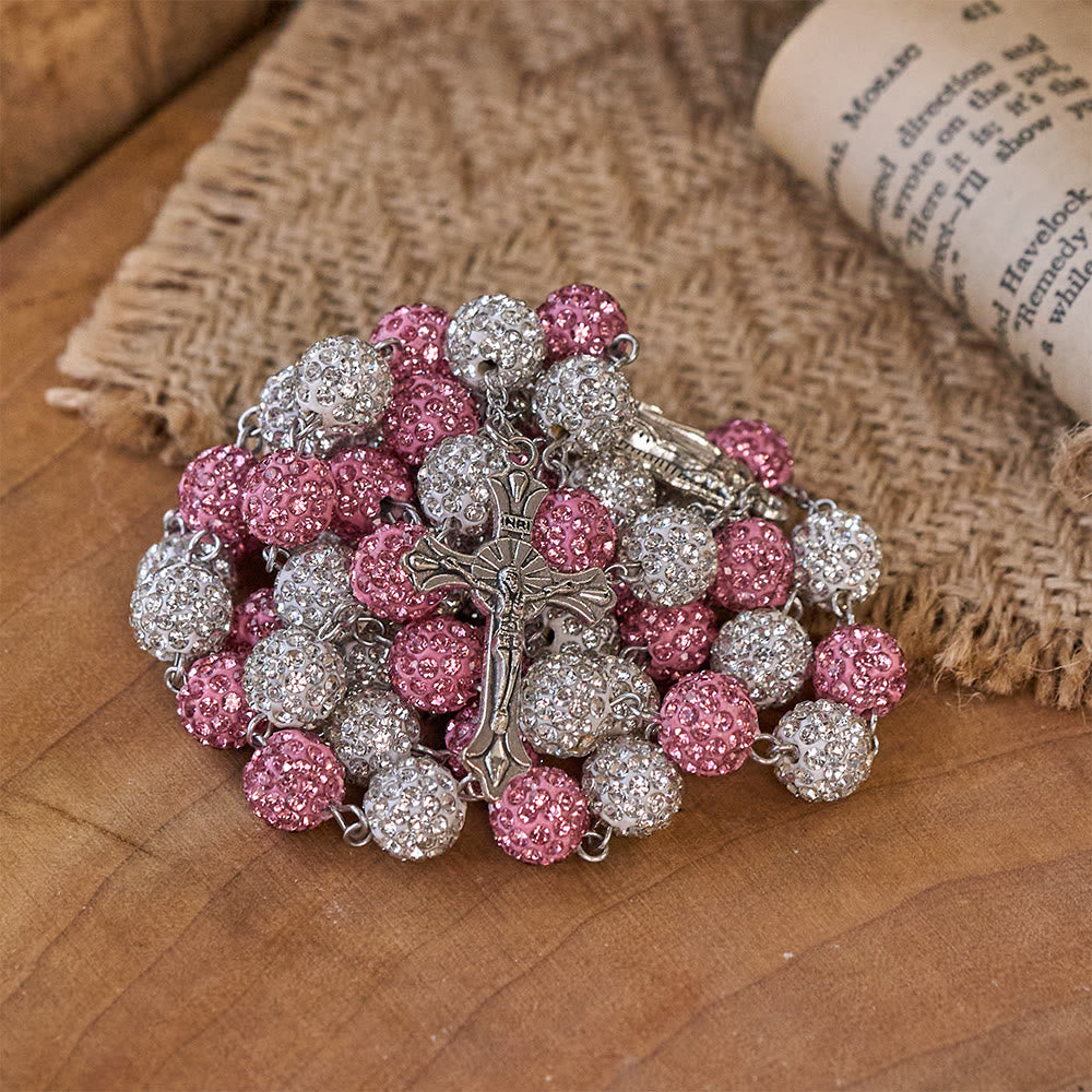 Our Lady of Guadalupe & Crucifix of 10 mm Round Pink White Polymer Clay Alloy Chain Rosary