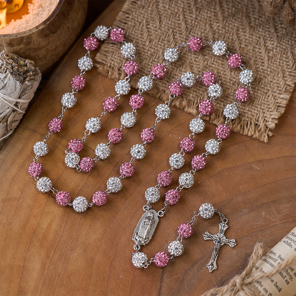 Our Lady of Guadalupe & Crucifix of 10 mm Round Pink White Polymer Clay Alloy Chain Rosary