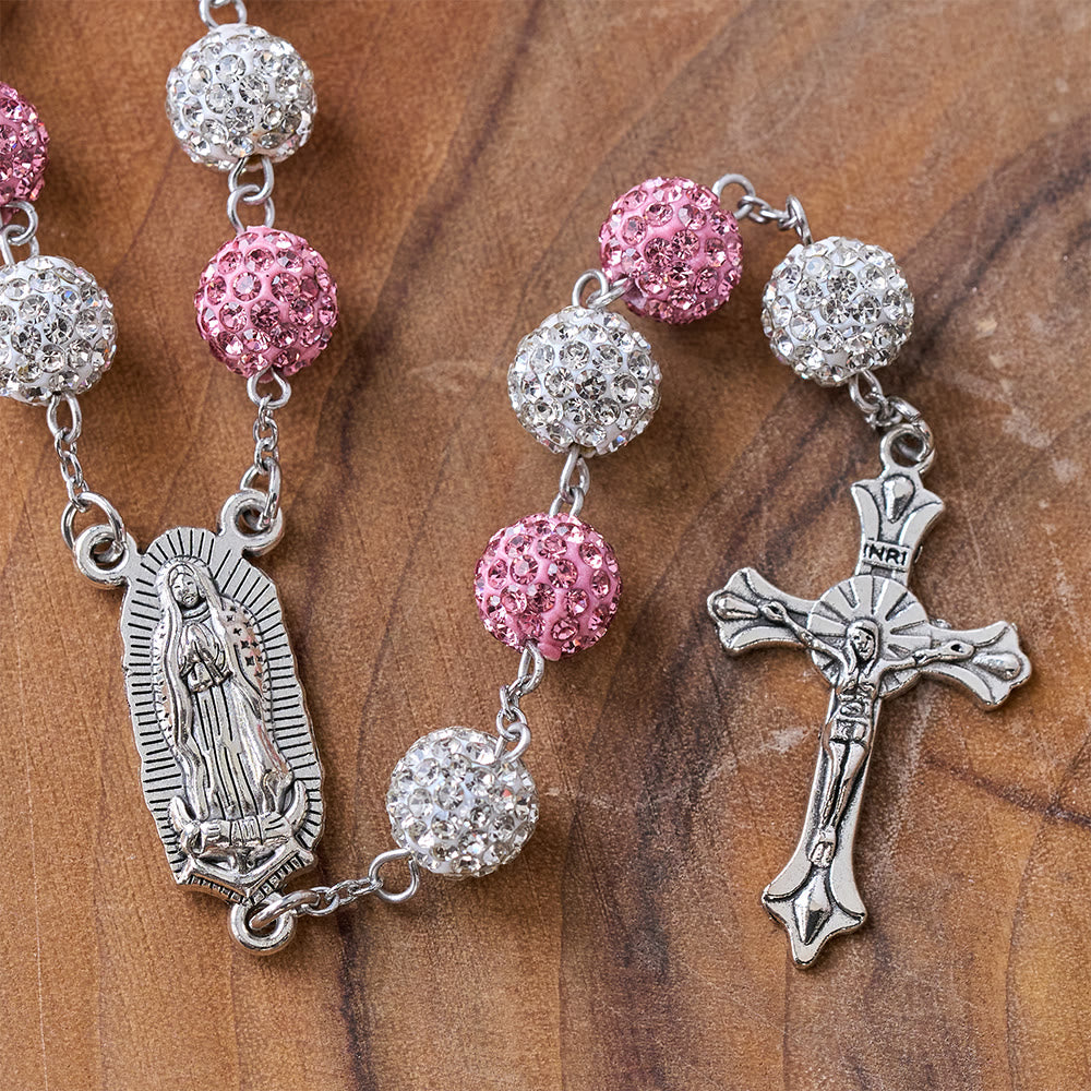 Our Lady of Guadalupe & Crucifix of 10 mm Round Pink White Polymer Clay Alloy Chain Rosary