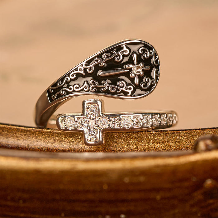 Classic Adjustable Artisan Faith Cross Ring with Baroque Patterns and Black Inlay