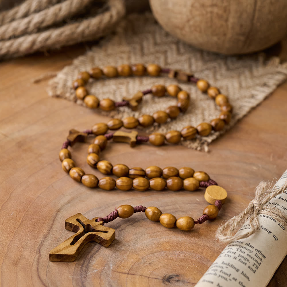 Handcrafted Wooden Rosary with Carved Cross: Embody Devotion and Timeless Prayer