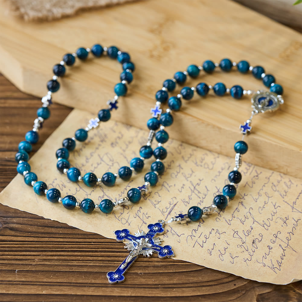 Shimmering Blue Tiger Eye Rosary with Enamel Cross for Prayerful Reflection