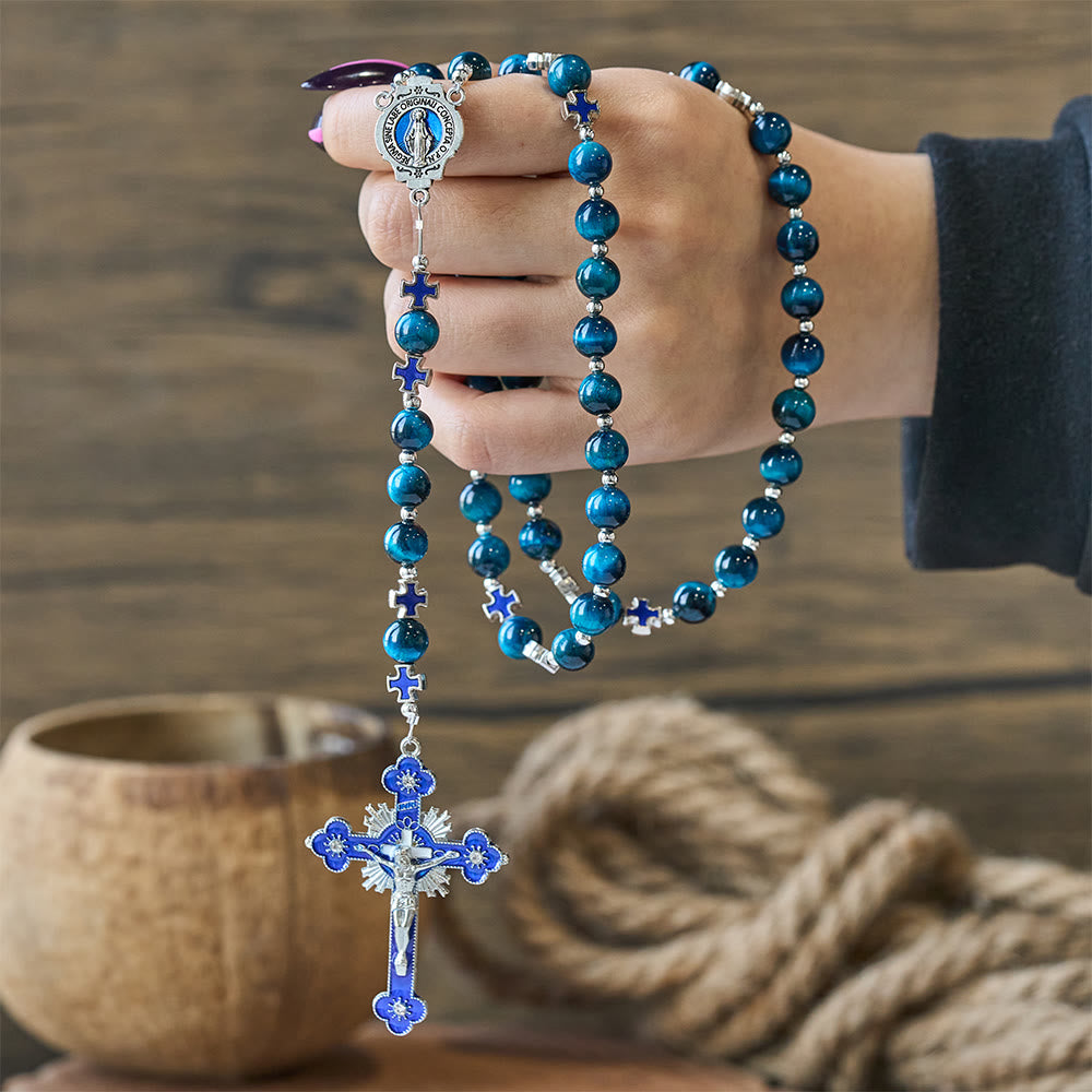 Shimmering Blue Tiger Eye Rosary with Enamel Cross for Prayerful Reflection