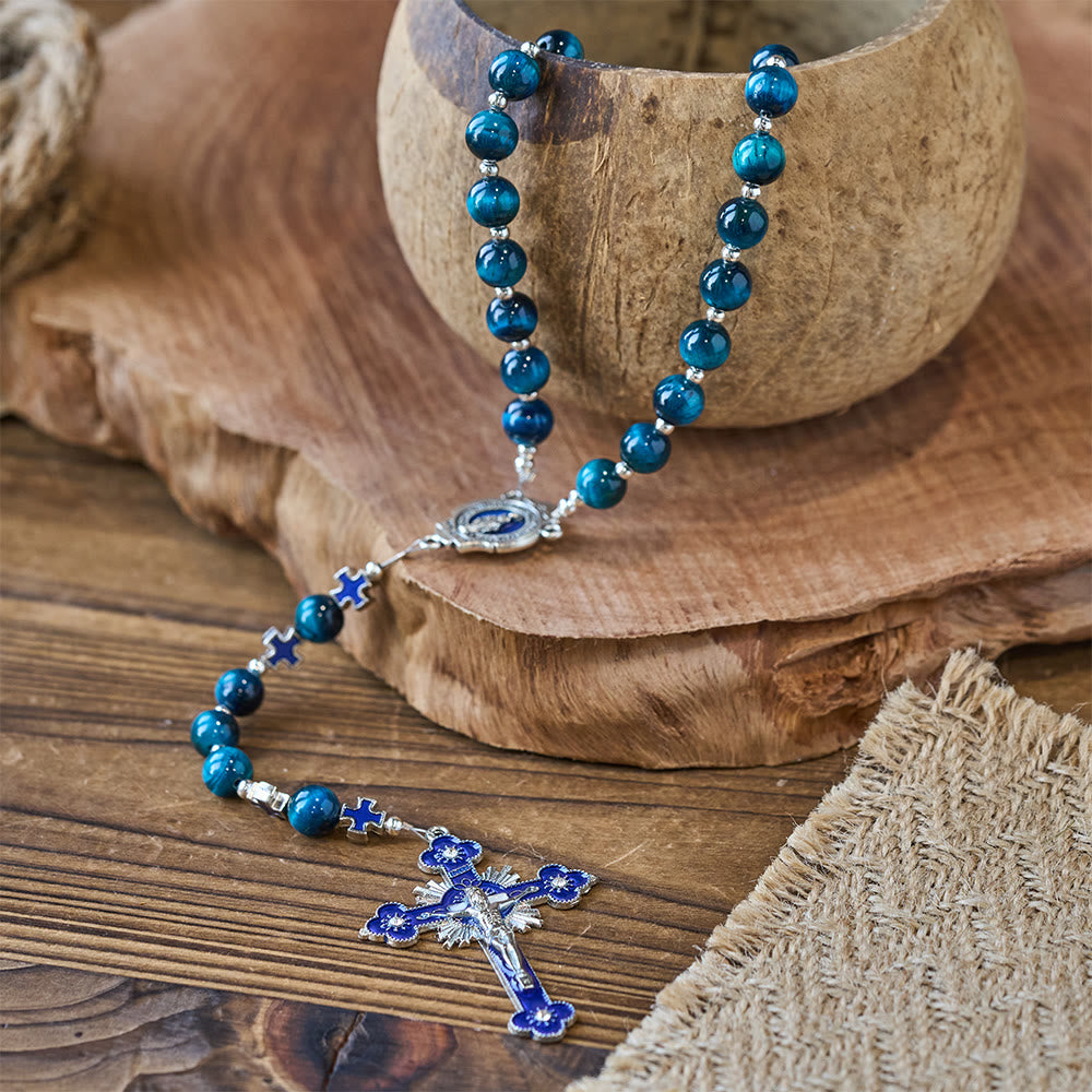 Shimmering Blue Tiger Eye Rosary with Enamel Cross for Prayerful Reflection