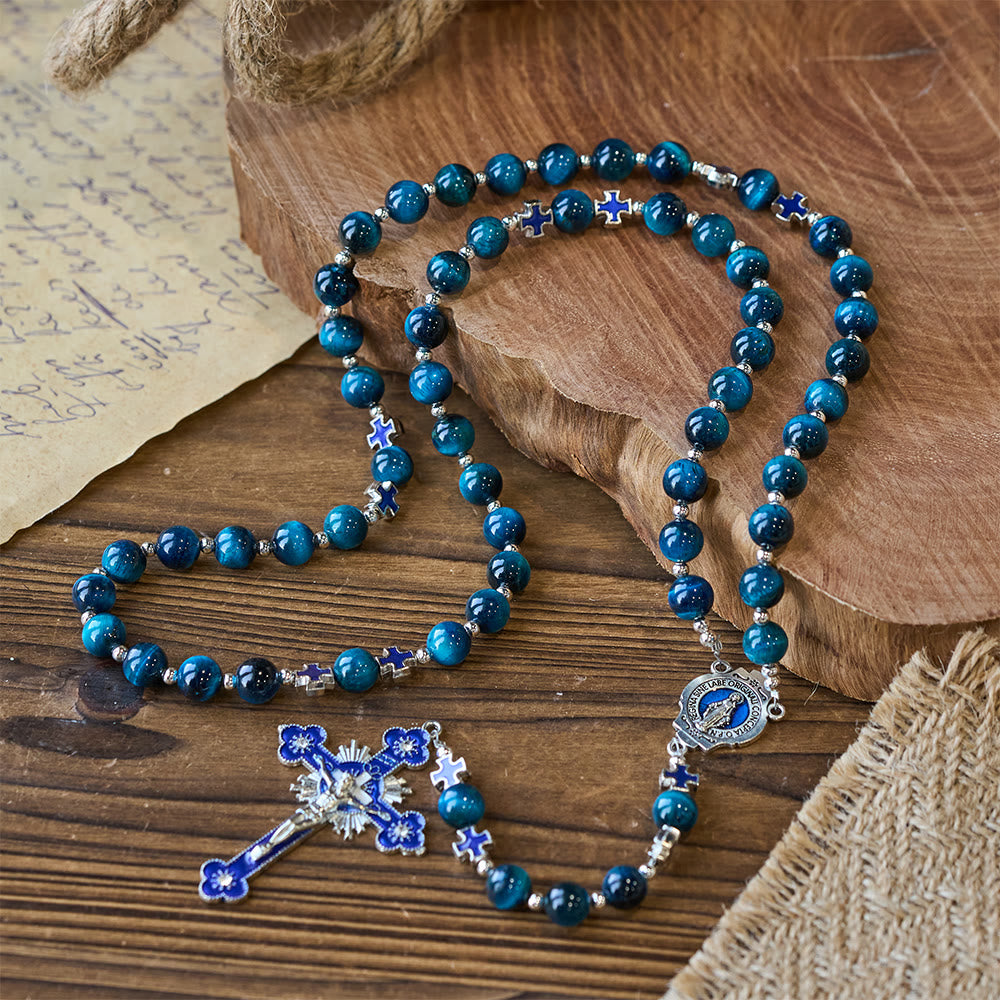 Shimmering Blue Tiger Eye Rosary with Enamel Cross for Prayerful Reflection