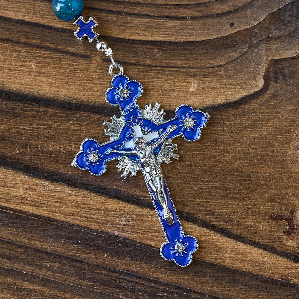 Shimmering Blue Tiger Eye Rosary with Enamel Cross for Prayerful Reflection