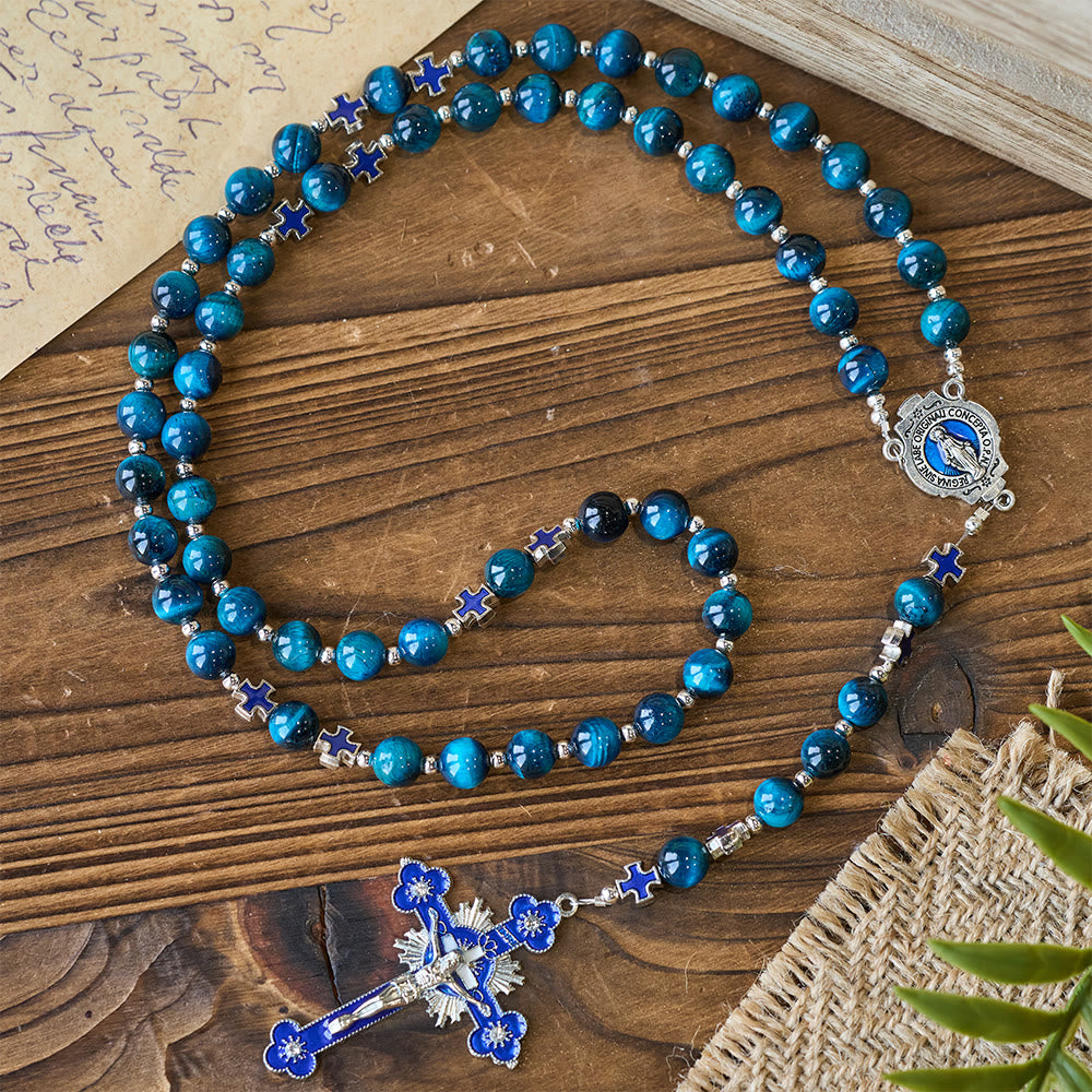Shimmering Blue Tiger Eye Rosary with Enamel Cross for Prayerful Reflection