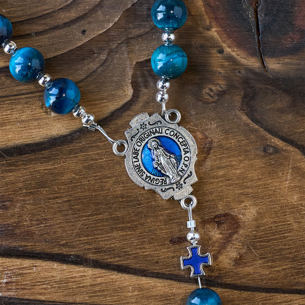 Shimmering Blue Tiger Eye Rosary with Enamel Cross for Prayerful Reflection