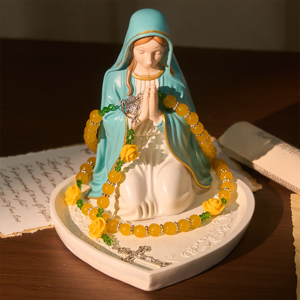 Easter Yellow Jade & Rose Bead Garden of Faith Rosary with Delicate Cross