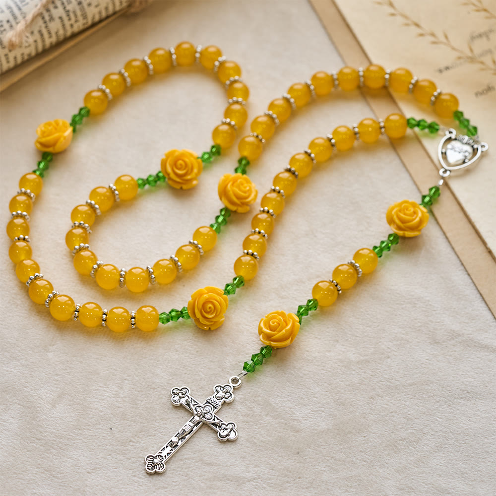 Easter Yellow Jade & Rose Bead Garden of Faith Rosary with Delicate Cross