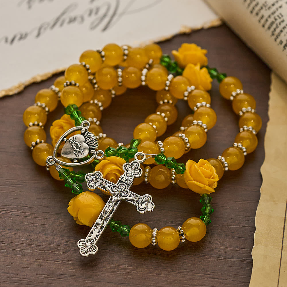 Easter Yellow Jade & Rose Bead Garden of Faith Rosary with Delicate Cross