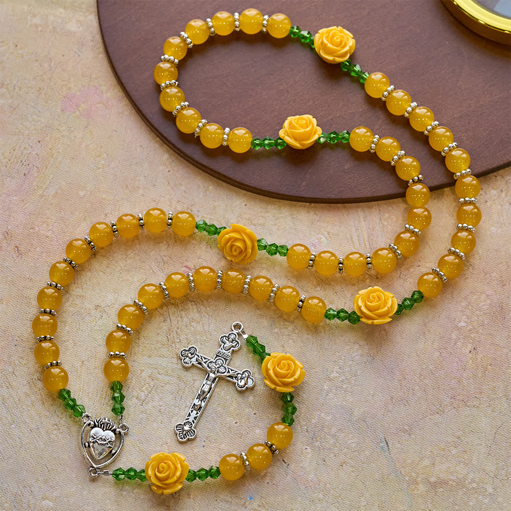Easter Yellow Jade & Rose Bead Garden of Faith Rosary with Delicate Cross