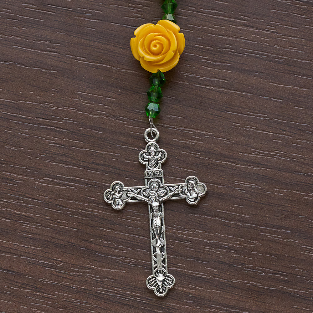 Easter Yellow Jade & Rose Bead Garden of Faith Rosary with Delicate Cross