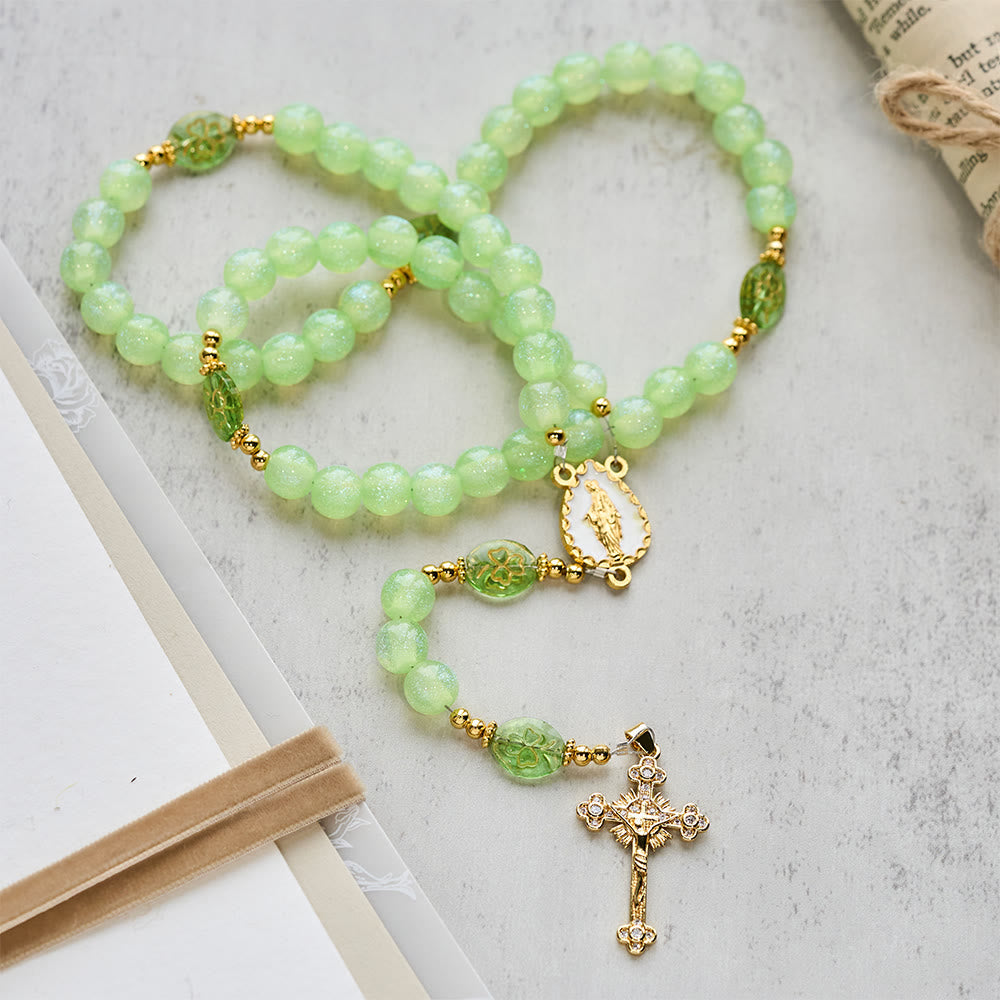 Celtic Blessing Shimmering Green Rosary: Lucky Shamrock with Golden Charm