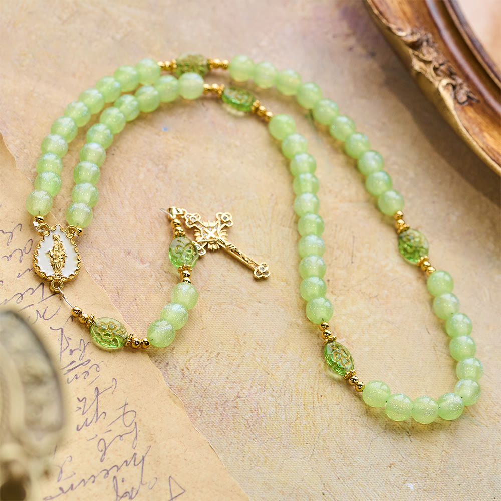 Celtic Blessing Shimmering Green Rosary: Lucky Shamrock with Golden Charm