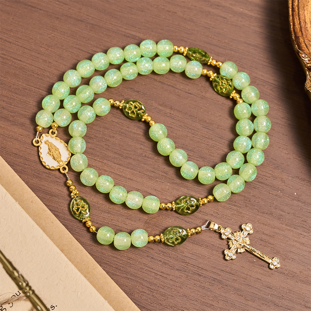 Celtic Blessing Shimmering Green Rosary: Lucky Shamrock with Golden Charm