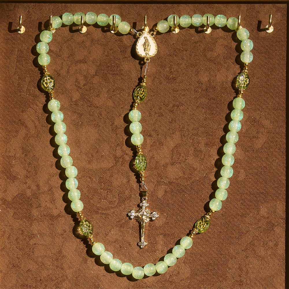 Celtic Blessing Shimmering Green Rosary: Lucky Shamrock with Golden Charm