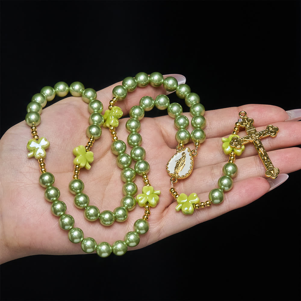 St. Patrick's Green Rosary with Lucky Ceramic Clover with Our Lady Center