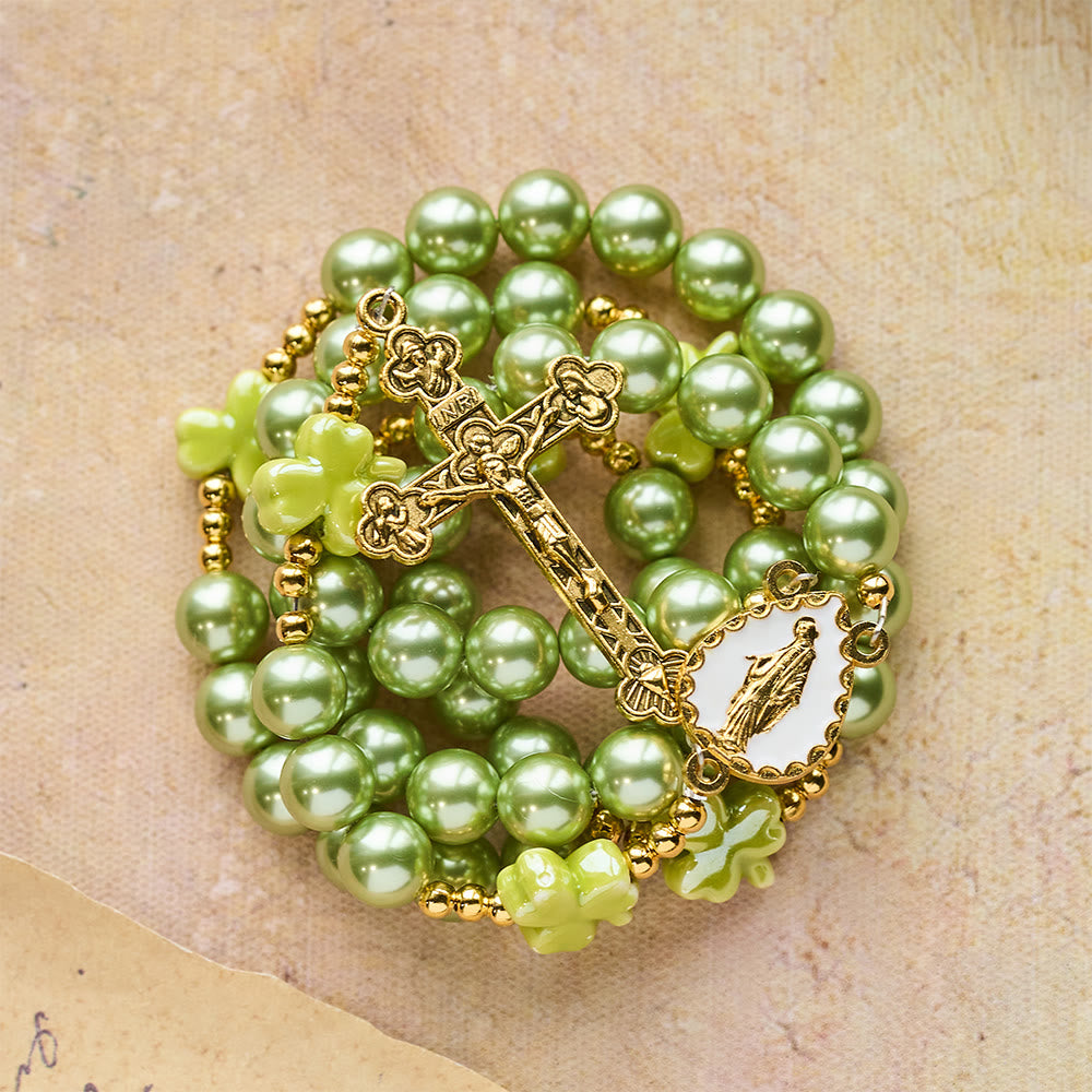 St. Patrick's Green Rosary with Lucky Ceramic Clover with Our Lady Center