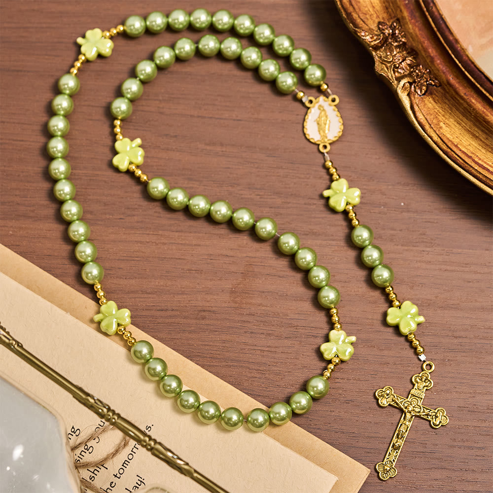 St. Patrick's Green Rosary with Lucky Ceramic Clover with Our Lady Center