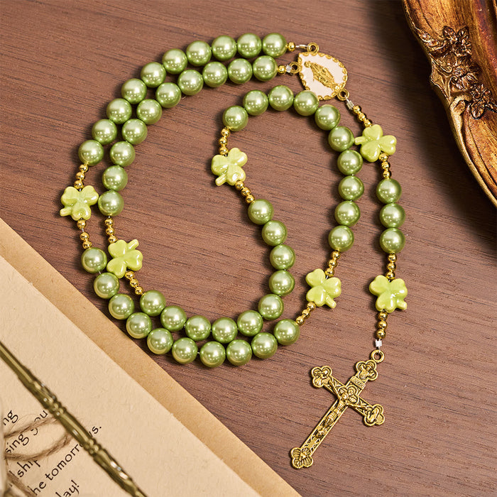 St. Patrick's Green Rosary with Lucky Ceramic Clover with Our Lady Center