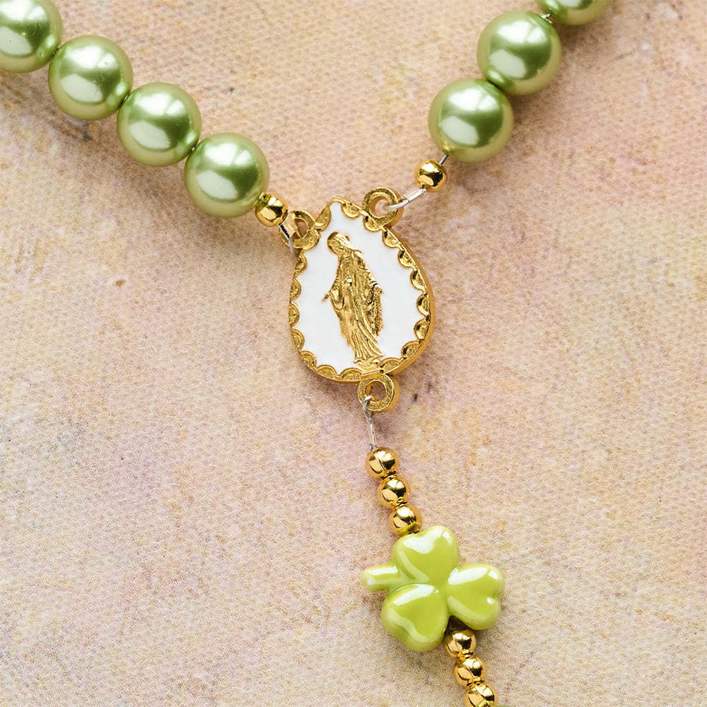 St. Patrick's Green Rosary with Lucky Ceramic Clover with Our Lady Center