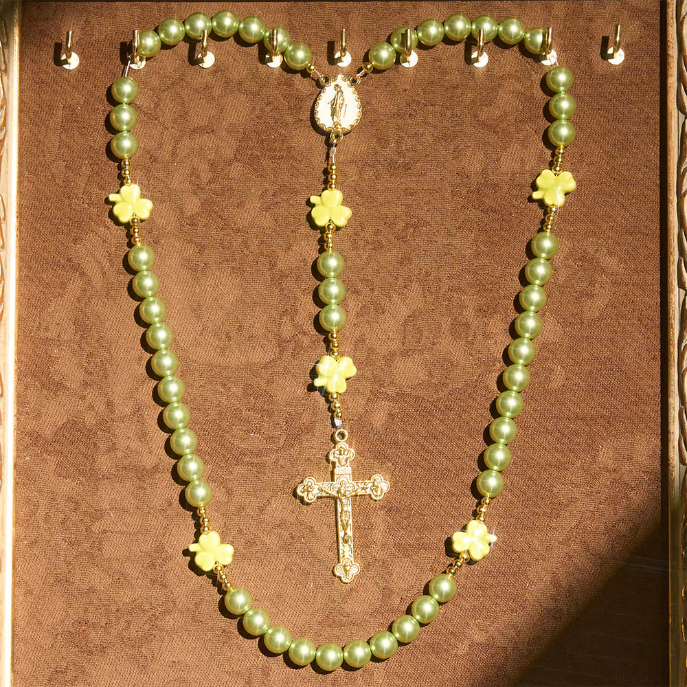 St. Patrick's Green Rosary with Lucky Ceramic Clover with Our Lady Center