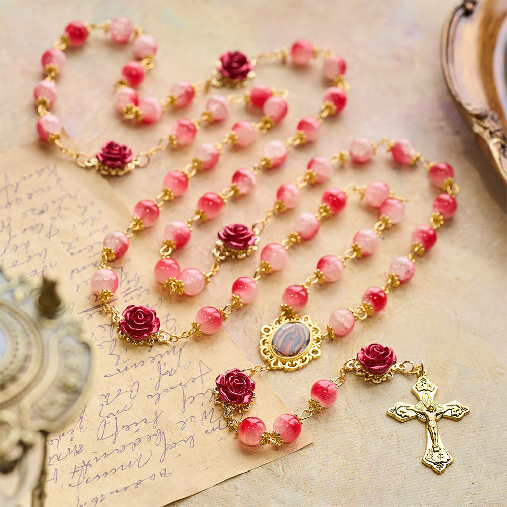 Gradient Red White Glass & Carved Rose Rosary with Golden Crucifix