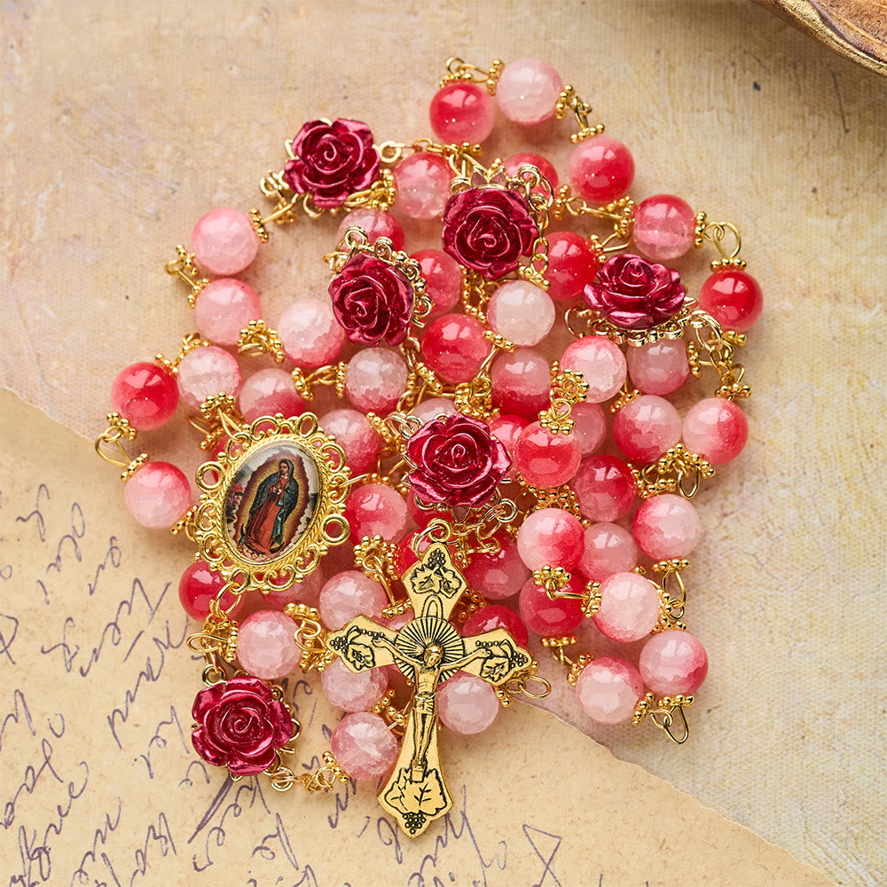 Gradient Red White Glass & Carved Rose Rosary with Golden Crucifix