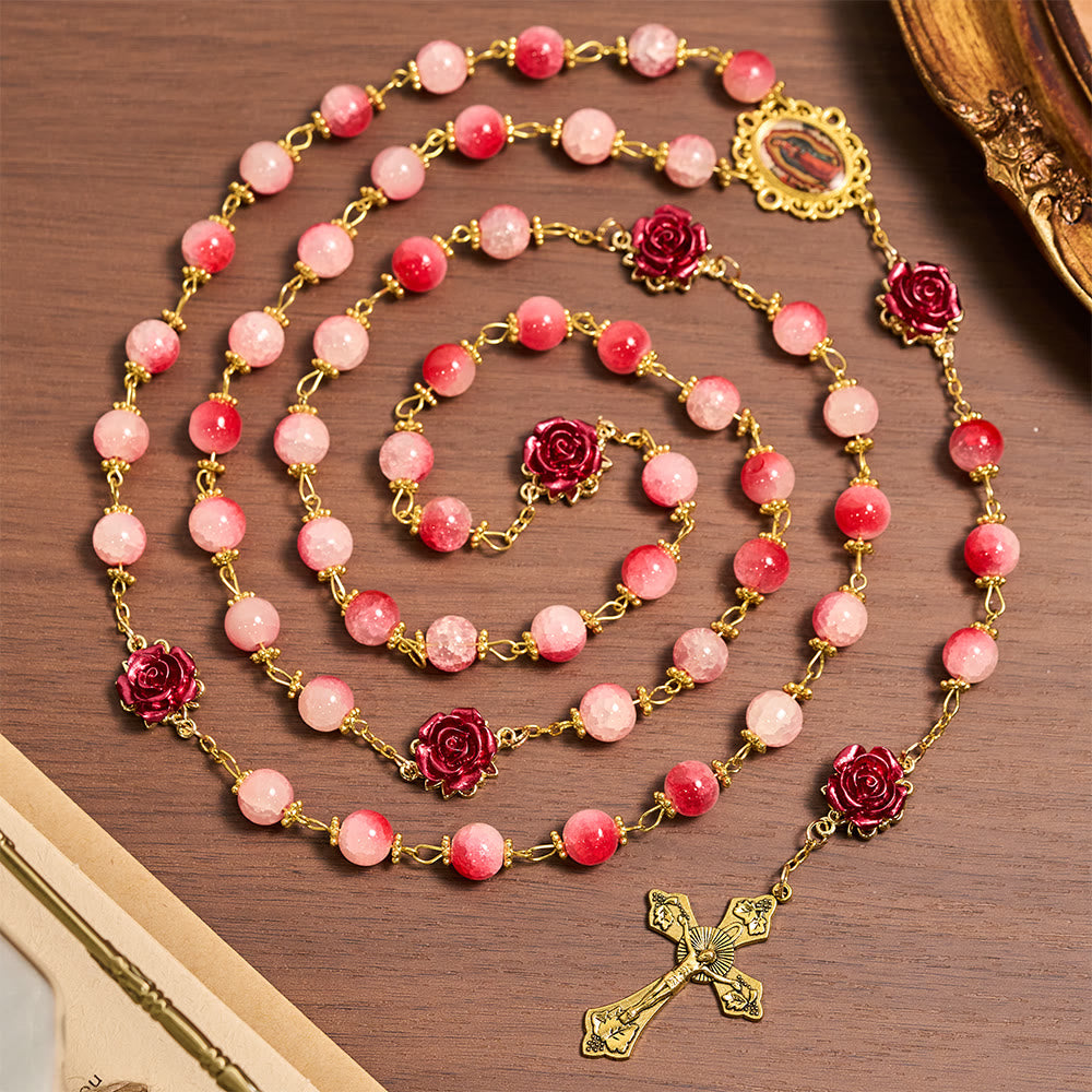 Gradient Red White Glass & Carved Rose Rosary with Golden Crucifix