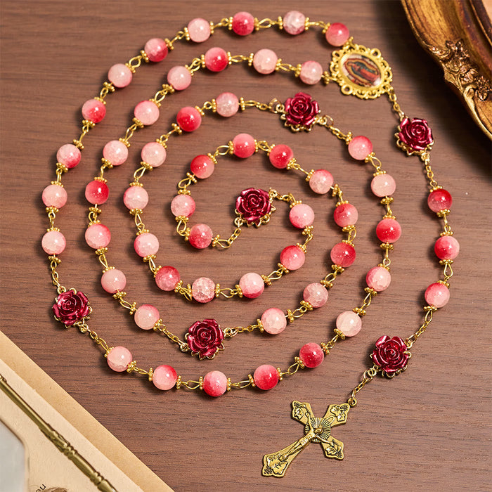 Gradient Red White Glass & Carved Rose Rosary with Golden Crucifix