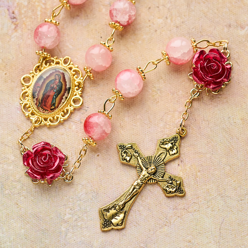 Gradient Red White Glass & Carved Rose Rosary with Golden Crucifix