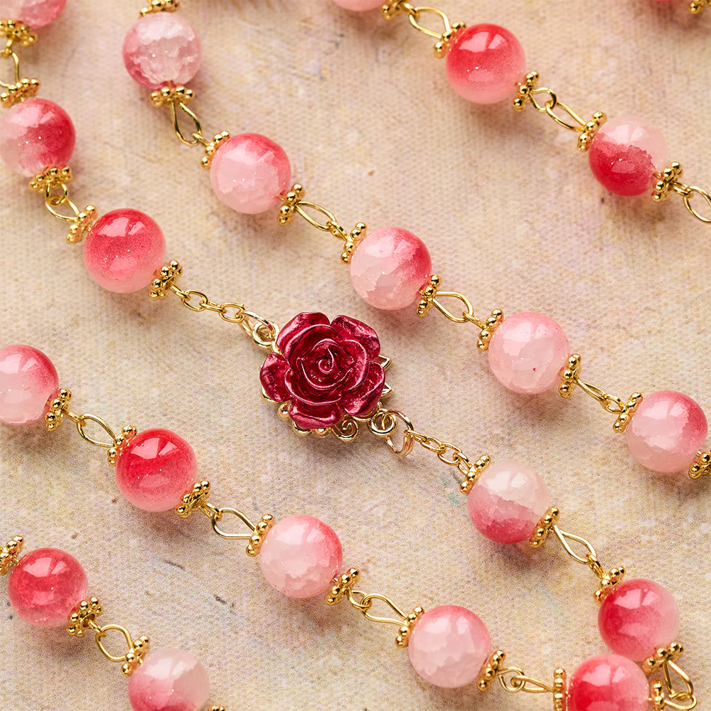 Gradient Red White Glass & Carved Rose Rosary with Golden Crucifix