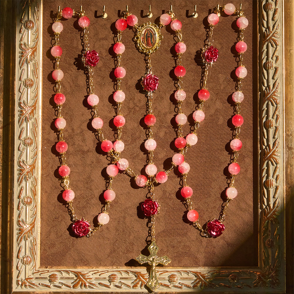 Gradient Red White Glass & Carved Rose Rosary with Golden Crucifix