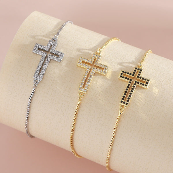 Golden/Silver/Black Zircon Cross Bracelet: Embody the Grace of the Cross