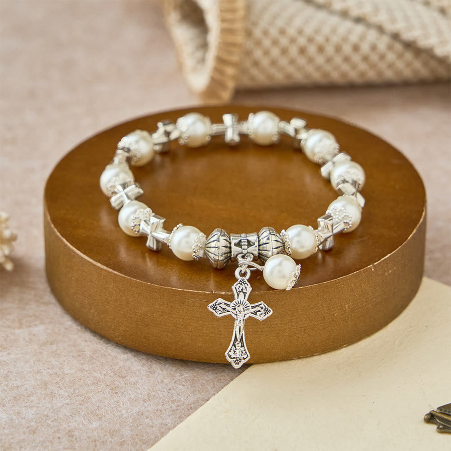 Silver Cross Accent Beaded Bracelet: Embody the Grace of Prayerful Reflection