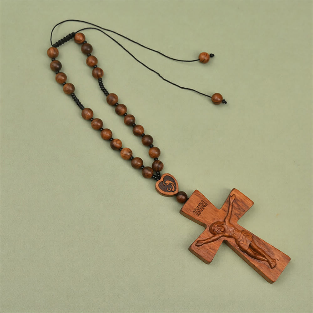 Two-Designed Crucifix Wooden Car Rosary Pendant: A Symbol of Traveler's Protection
