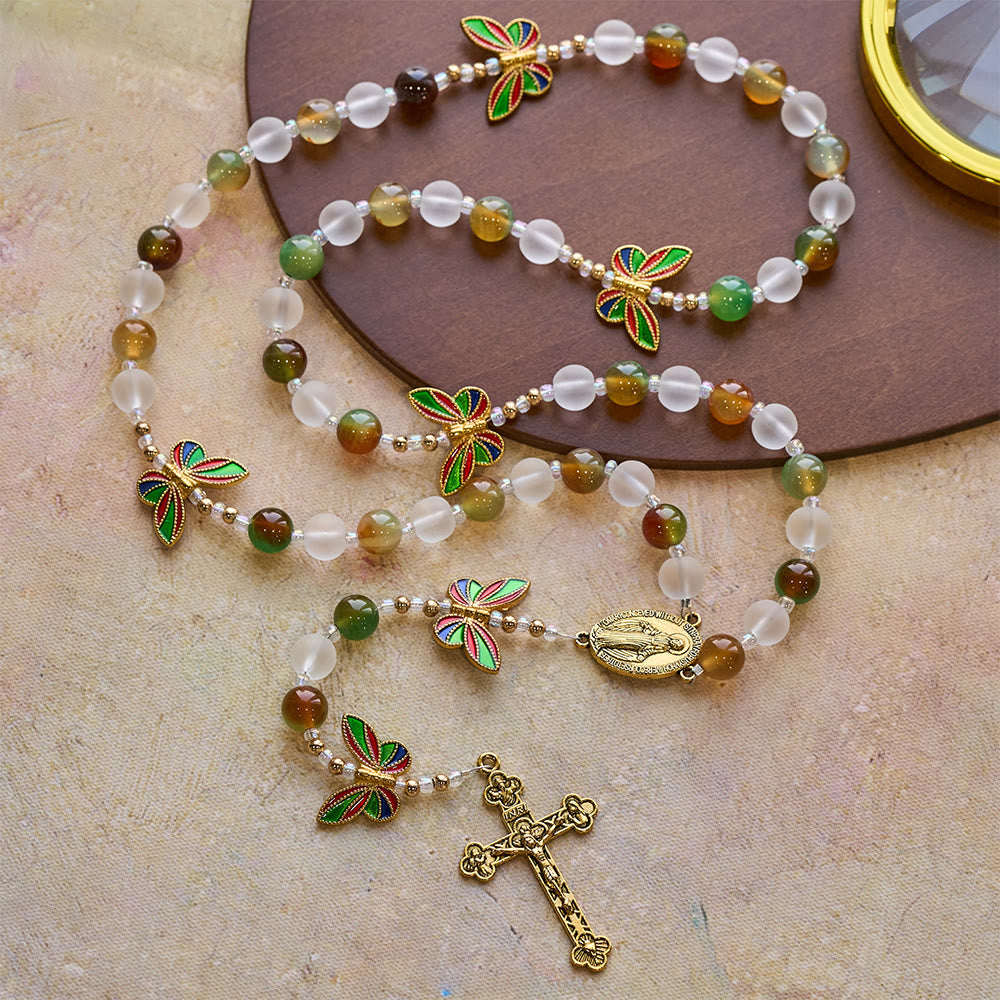 Natural Malachite with Enamel Butterfly Rosary: Butterfly of Faith
