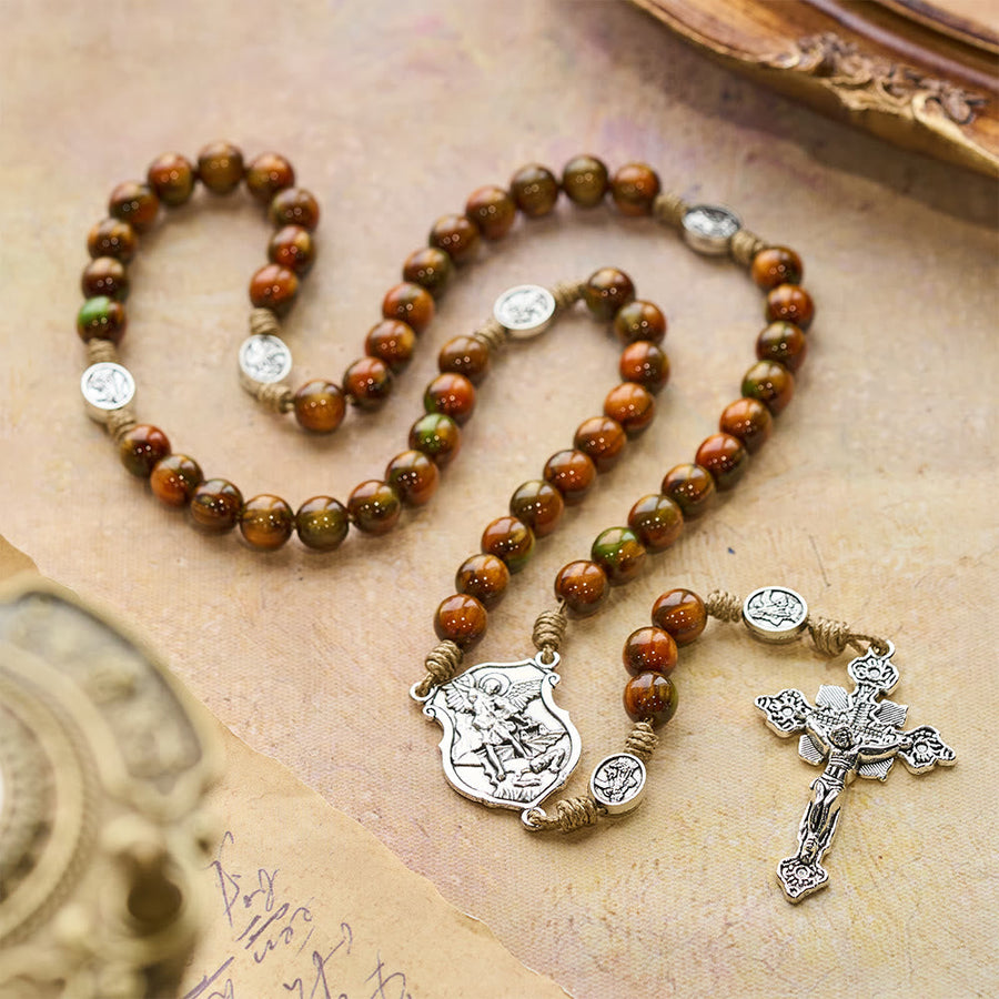 Vintage Shimmer Brown Beads Rosary with St. Michael Guardian