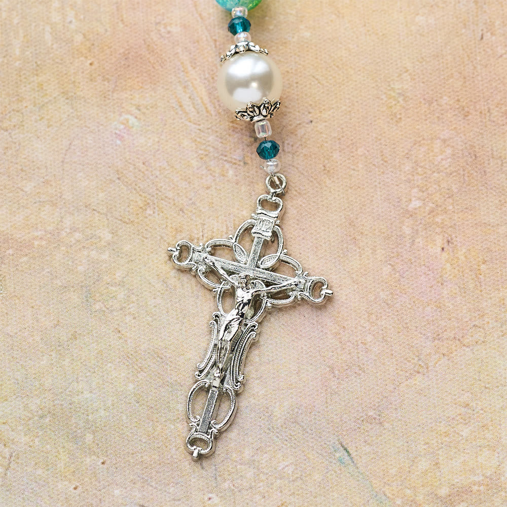 Blue Green Gradient Glass Rosary with Praying Hands & Crucifix