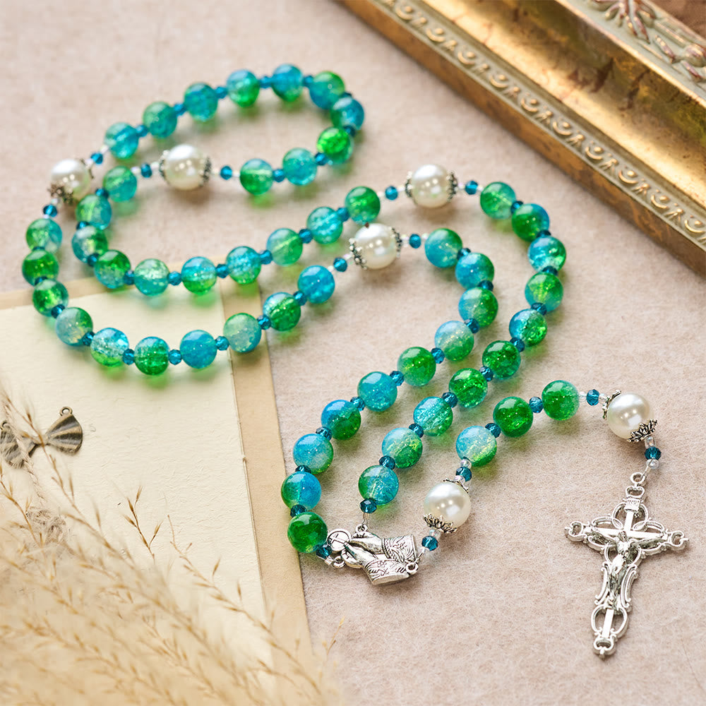 Blue Green Gradient Glass Rosary with Praying Hands & Crucifix