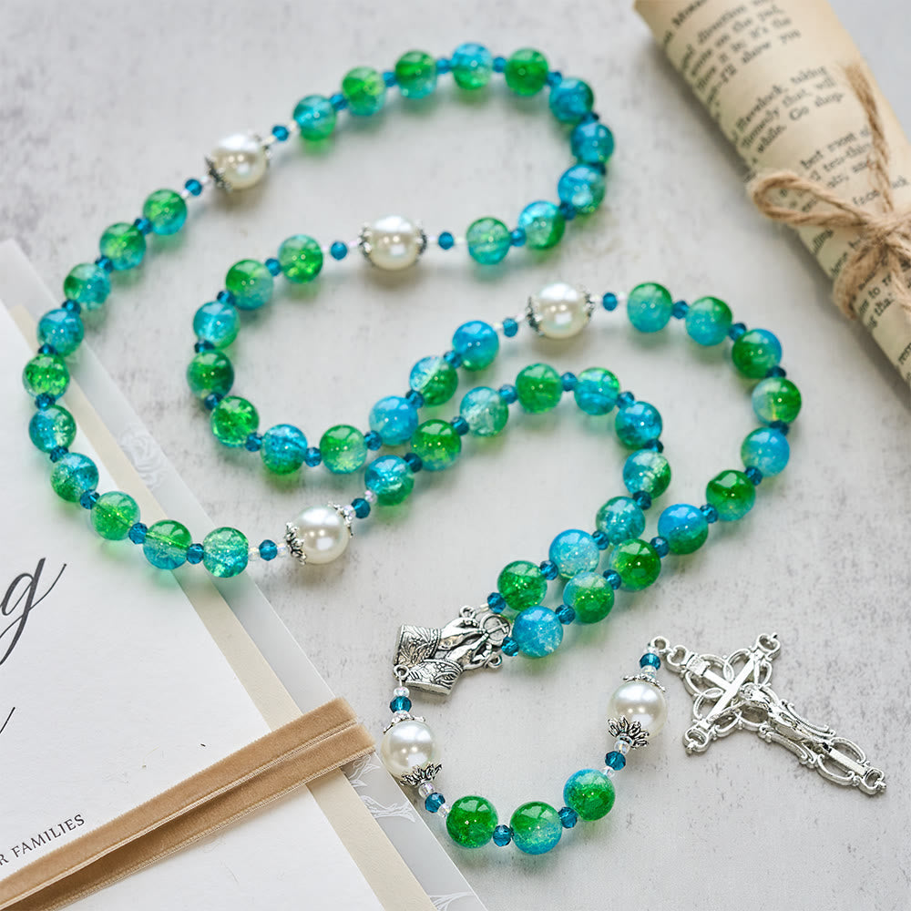Blue Green Gradient Glass Rosary with Praying Hands & Crucifix