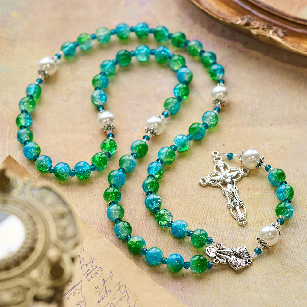 Blue Green Gradient Glass Rosary with Praying Hands & Crucifix