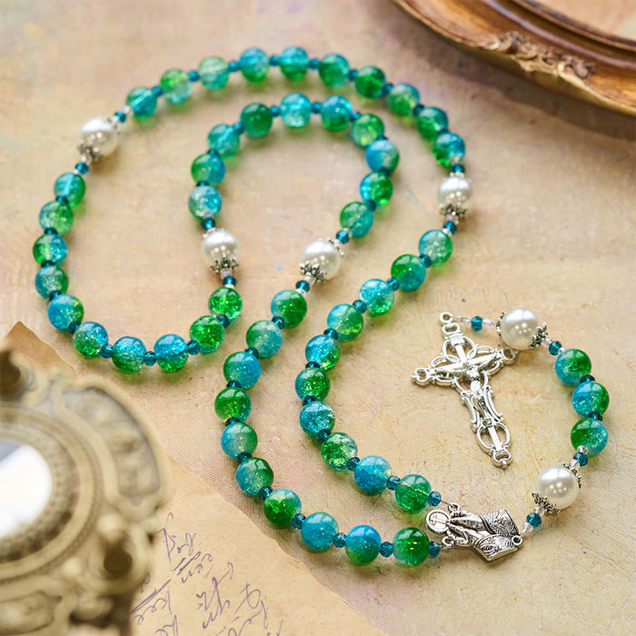 Blue Green Gradient Glass Rosary with Praying Hands & Crucifix