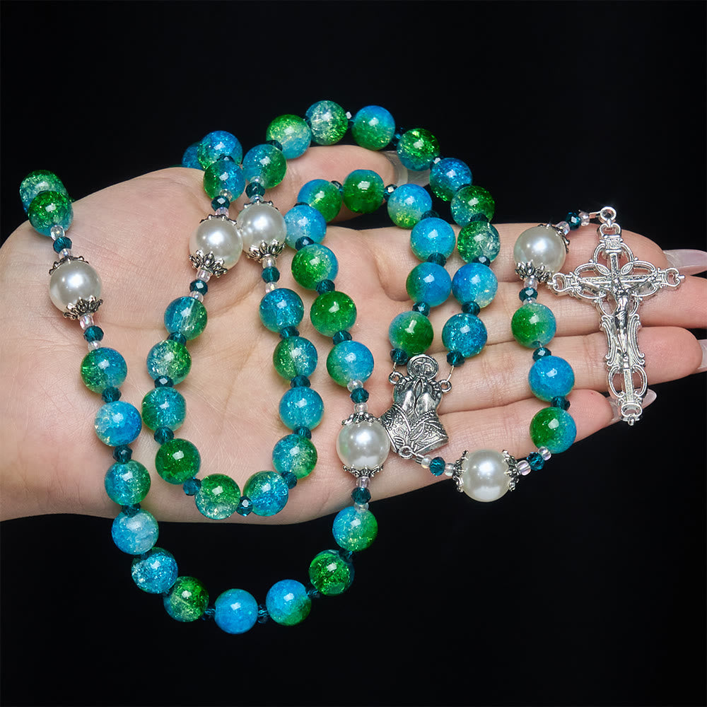 Blue Green Gradient Glass Rosary with Praying Hands & Crucifix