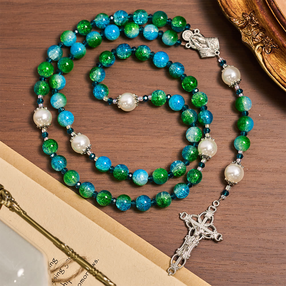 Blue Green Gradient Glass Rosary with Praying Hands & Crucifix